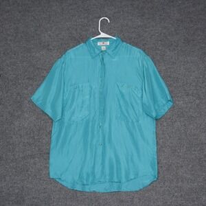 STUNT COLLECTIONS Womens Silk Short Sleeve Button Up Shirt Teal Size M Luxury